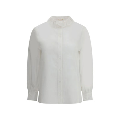 Saint Laurent White Cotton Dress Shirt with lace-trimmed Pierrot collar, front button closure, and refined beveled cuffs.