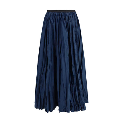 Sara Roka Blue Polyester Midi Skirt with crinkle-effect and elastic waistband.
