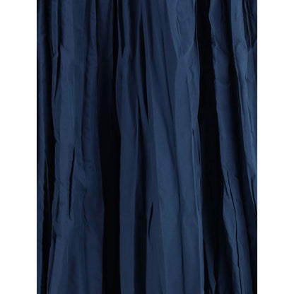 Close-up of Sara Roka Blue Polyester Midi Skirt showcasing crinkle-effect design and pleats for a stylish look, made from 100% polyester.