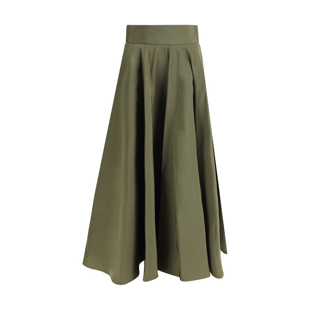 Sara Roka Green Polyester Midi Skirt with wide, flowing line and front welt pockets.