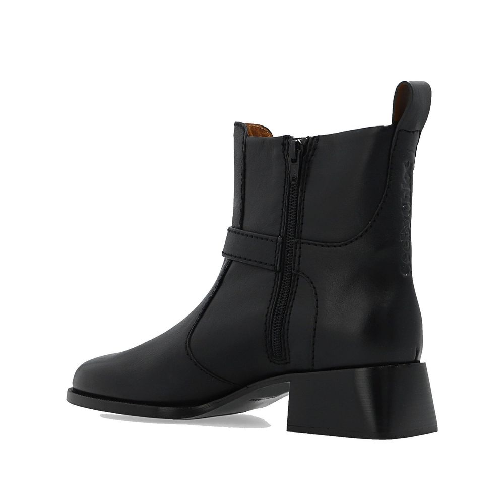See By Chloé Black Calfskin Ankle Boots with side zip, adjustable strap, rubber sole; 100% leather, made in Spain.