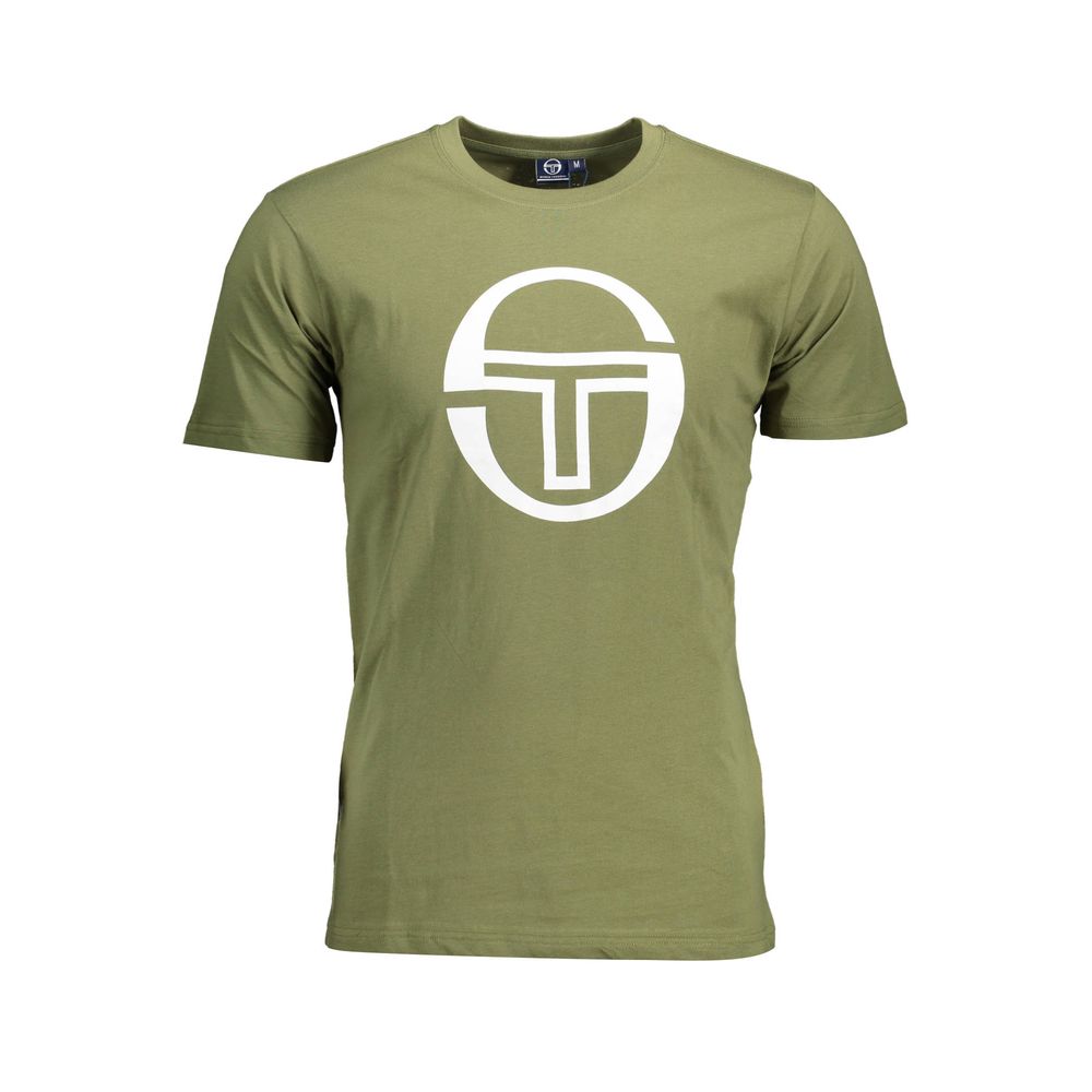 Sergio Tacchini Green Cotton Men T-Shirt with bold logo print, short-sleeve, crew neck, stylish casual wear for modern men.