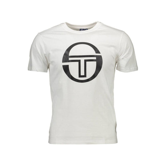Sergio Tacchini White Cotton Men T-Shirt with signature logo print and crew neck design, classic short sleeve for modern style.