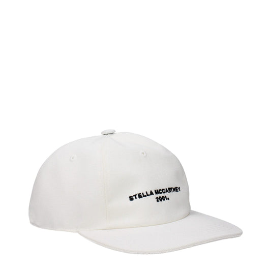 Stella McCartney White Cotton Cap (Baseball Hat) with black logo, strap closure, and 99% cotton composition.