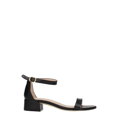 Stuart Weitzman Black Leather Flat Sandals with mid heels, buckle closure, open toe, casual style in black leather, SKU: F76574.