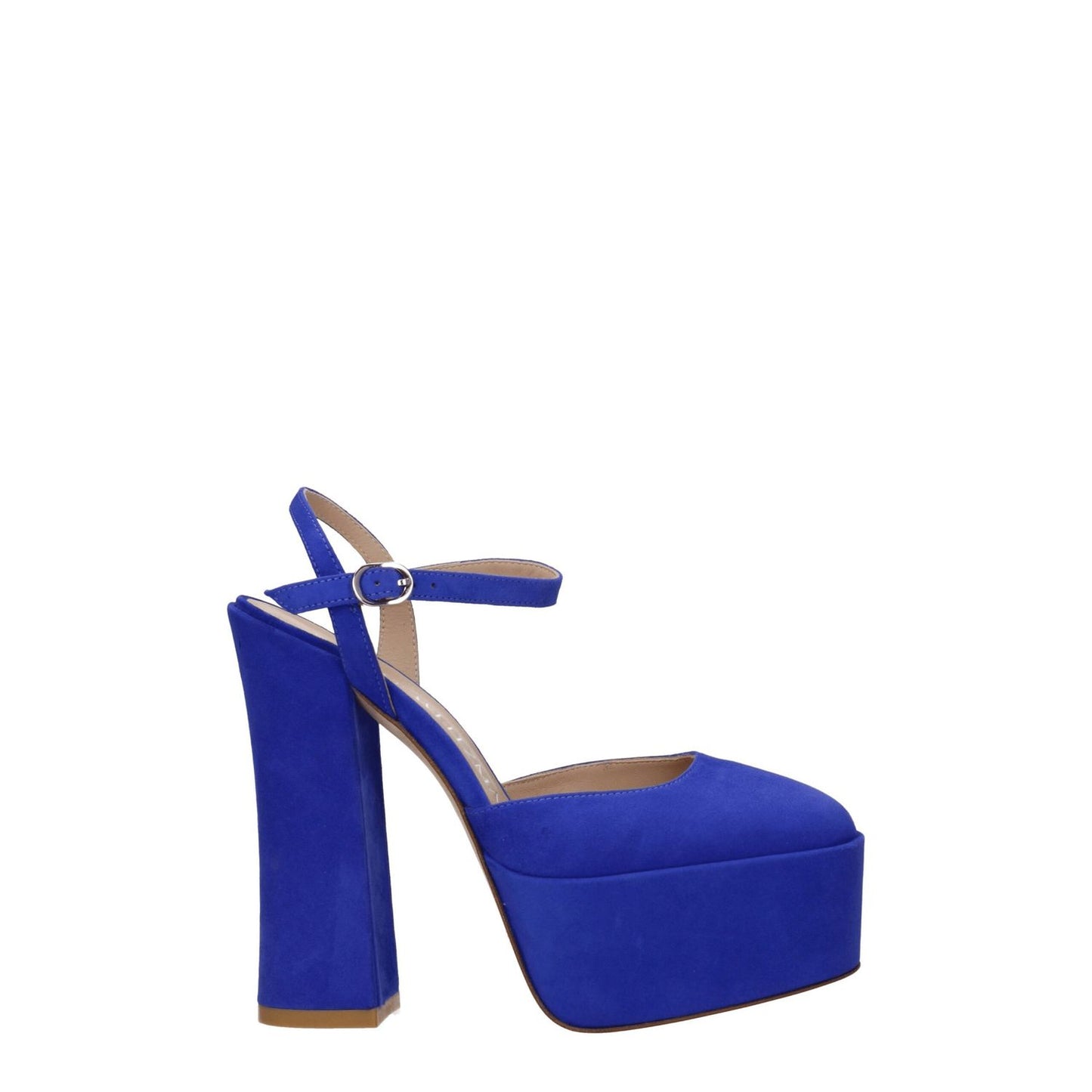 Stuart Weitzman Blue Leather Platform Sandals with high heel, buckle closure, and leather sole.