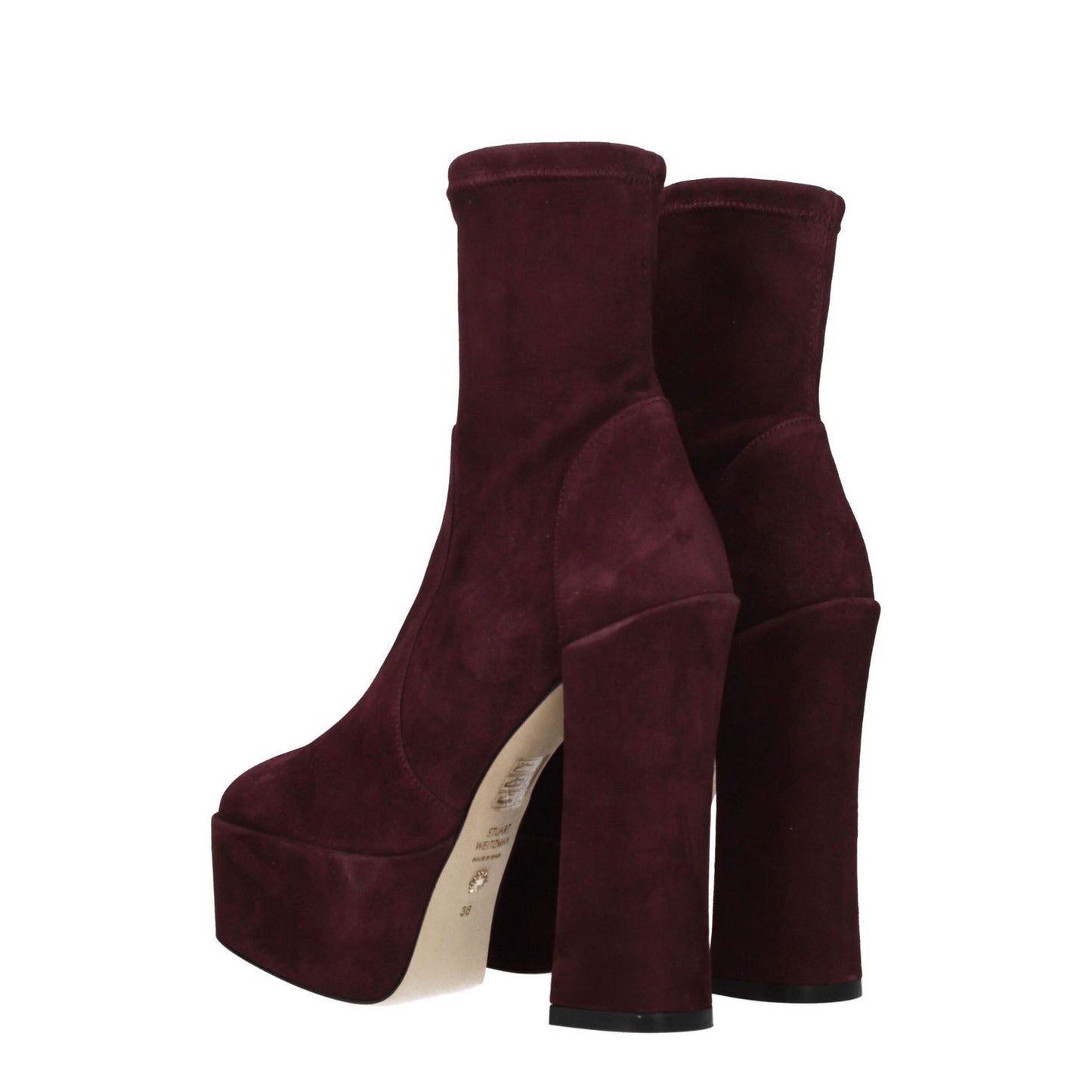 Stuart Weitzman Purple Leather Ankle Boots with high heels, suede material, and round toe in cordovan color.