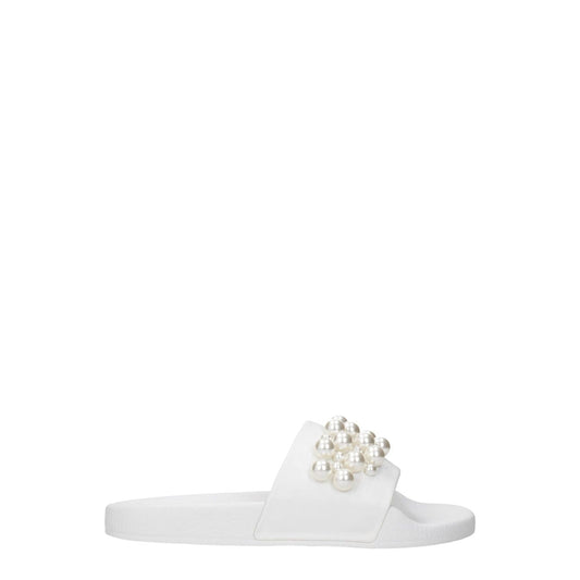 Stuart Weitzman White Leather Slippers with pearl detail, open toe design, rubber sole, low flat heel, front detail, style: Street.