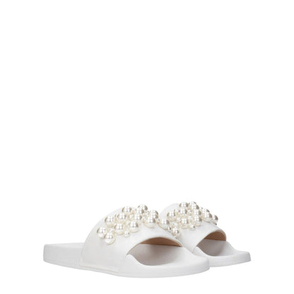 Stuart Weitzman White Leather Slippers with front pearl detail, open toe, low flat heel, rubber sole, style street, MPN GOLDIESMOSA887WHT.