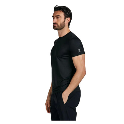 Suns Black Nylon T-Shirt in stretch technical fabric with crew neck and shoulder logo, side profile view.