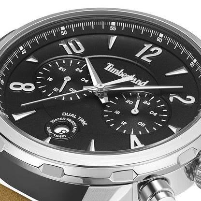Close-up of TIMBERLAND WATCHES Mod. TDWGF0082902 with dual time, black dial, and silver-tone case.
