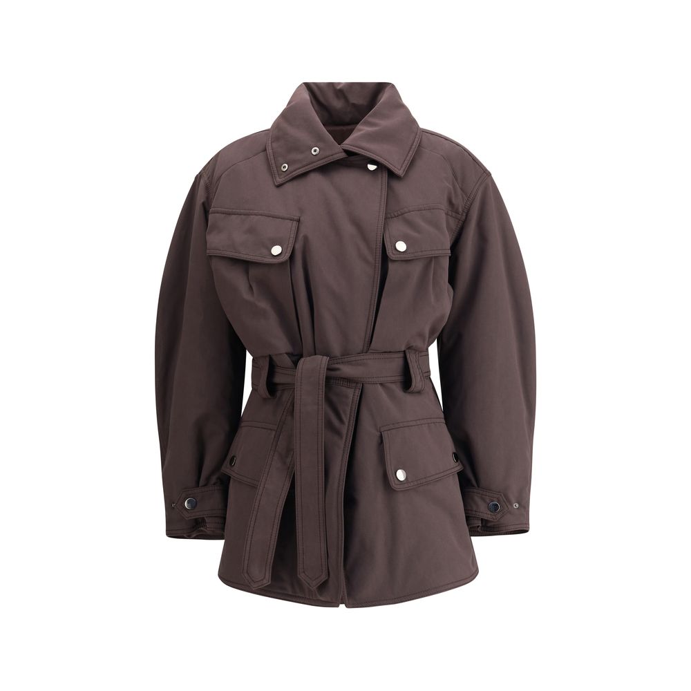 The Andamane Purple Polyester Coat with snap button closure and high collar, featuring four flap pockets and a knotted belt for style.