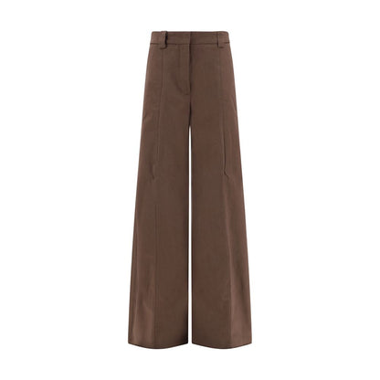 The Latest Brown Cotton Casual Pants with wide leg, high-waisted design, front zipper, and belt loops for a sophisticated look.