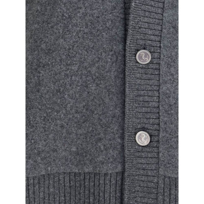 Close-up of Thom Browne Gray Wool Cardigan showing button detail and ribbed texture, highlighting its quality and stylish design.