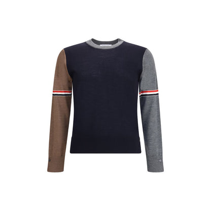 Thom Browne Multicolor Fleece Wool Sweatshirt with ribbed crew neck and tricolor sleeve bands showcasing iconic design, AW25 collection.