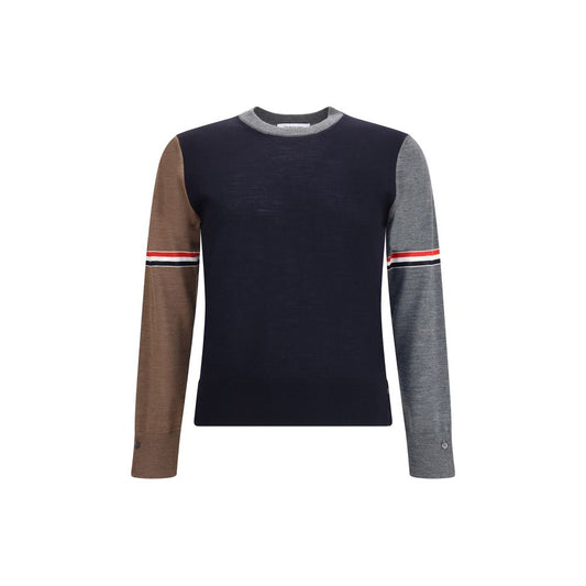 Thom Browne Multicolor Fleece Wool Sweatshirt featuring ribbed crew neck and tricolor sleeve bands, iconic AW25 design.