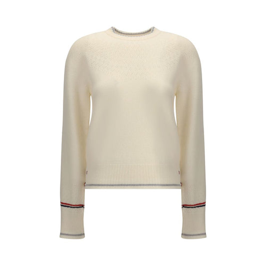 Thom Browne White Fleece Wool Sweatshirt with ribbed crew neck, tricolor bands, and striped buttons, featuring fine pointelle wool work.