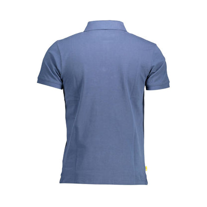 Back view of Timberland Blue Cotton Men Polo Shirt showcasing short sleeves and organic material.