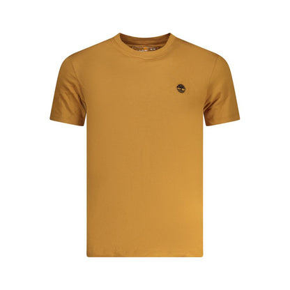 Timberland Brown Cotton Men T-Shirt with crew neck and logo print, short sleeve premium cotton ideal for effortless style and comfort.