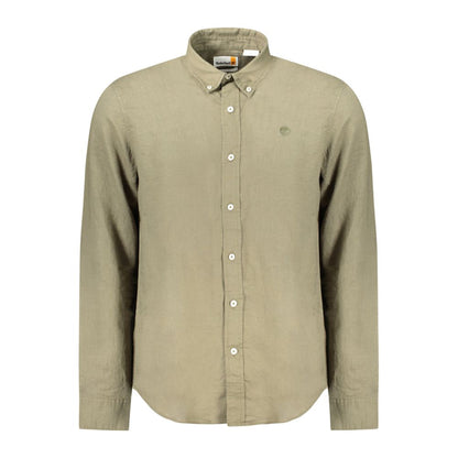 Timberland Green Cotton Shirt, slim fit, long-sleeved with button down collar and logo embroidery, stylish and comfortable.