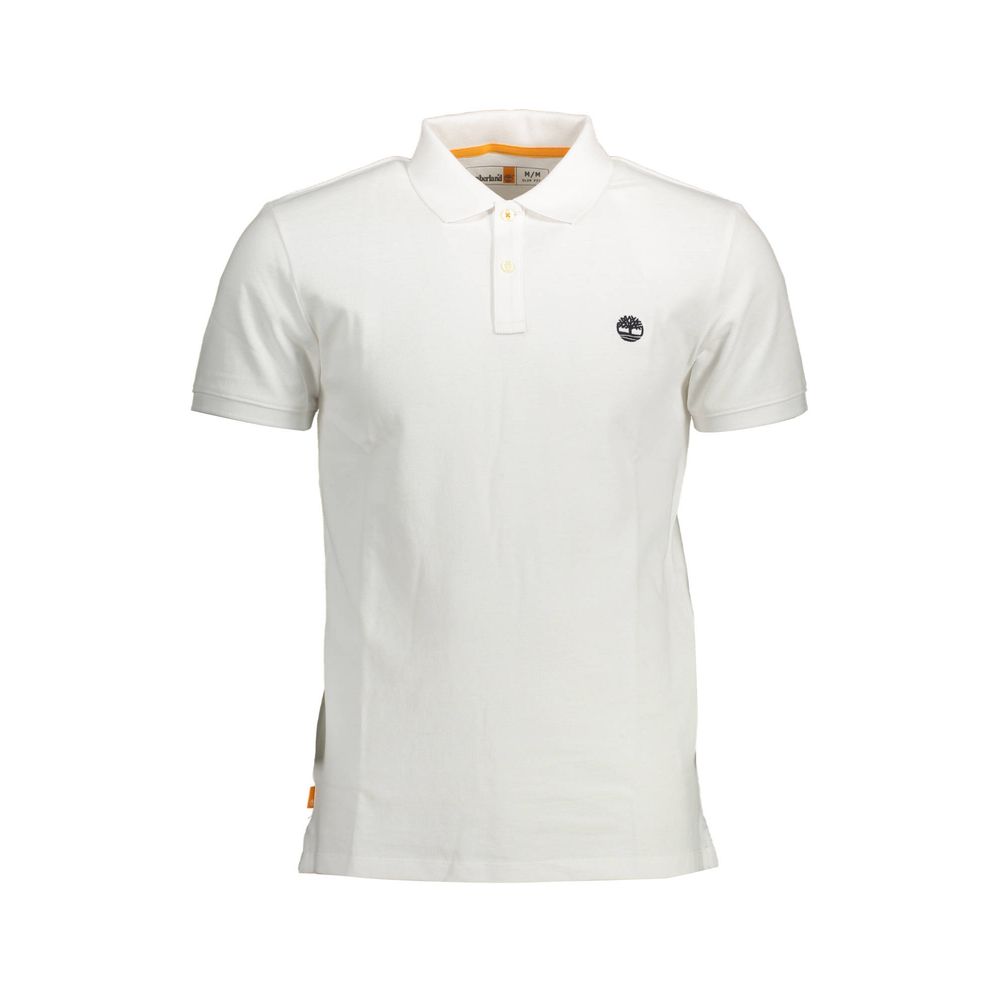 Timberland White Cotton Men Polo Shirt, slim fit, embroidered logo, short sleeves, perfect for versatile styling and modern elegance.