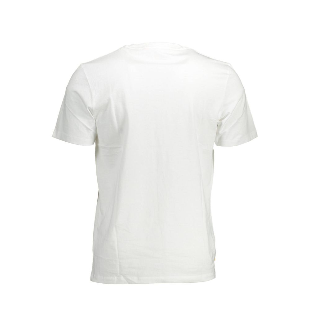 Back view of Timberland White Cotton Men T-Shirt, 100% organic cotton, eco-conscious casual wear, featuring crew neck and short sleeves.