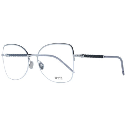 Tod's Silver Metal Glasses (Frames) for women with full-rim butterfly style, silver metal frame, and demo plastic lenses, includes branded case.