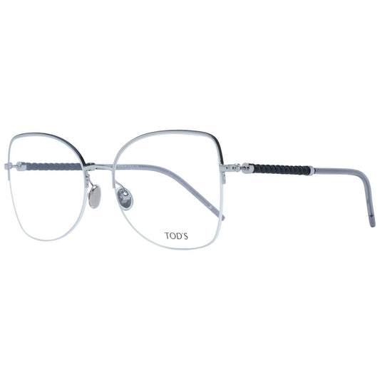 Tod's Silver Metal Glasses (Frames) for women with full-rim butterfly style, silver metal frame, and demo plastic lenses, includes branded case.
