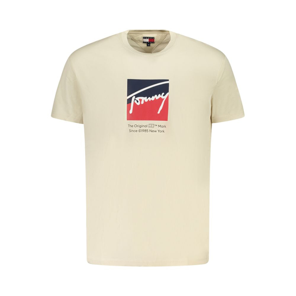 Tommy Hilfiger Beige Cotton Men T-Shirt with logo, eco-friendly short-sleeve crew neck, sustainable fashion, neutral color.