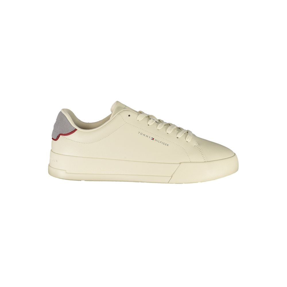 Tommy Hilfiger Beige Leather Men Sneaker with grey accents and logo, offering modern luxury and comfort for a stylish, casual look.