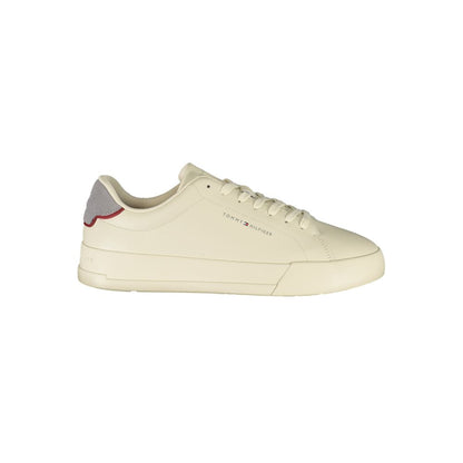 Tommy Hilfiger Beige Leather Men Sneaker with grey accents and logo, offering modern luxury and comfort for a stylish, casual look.