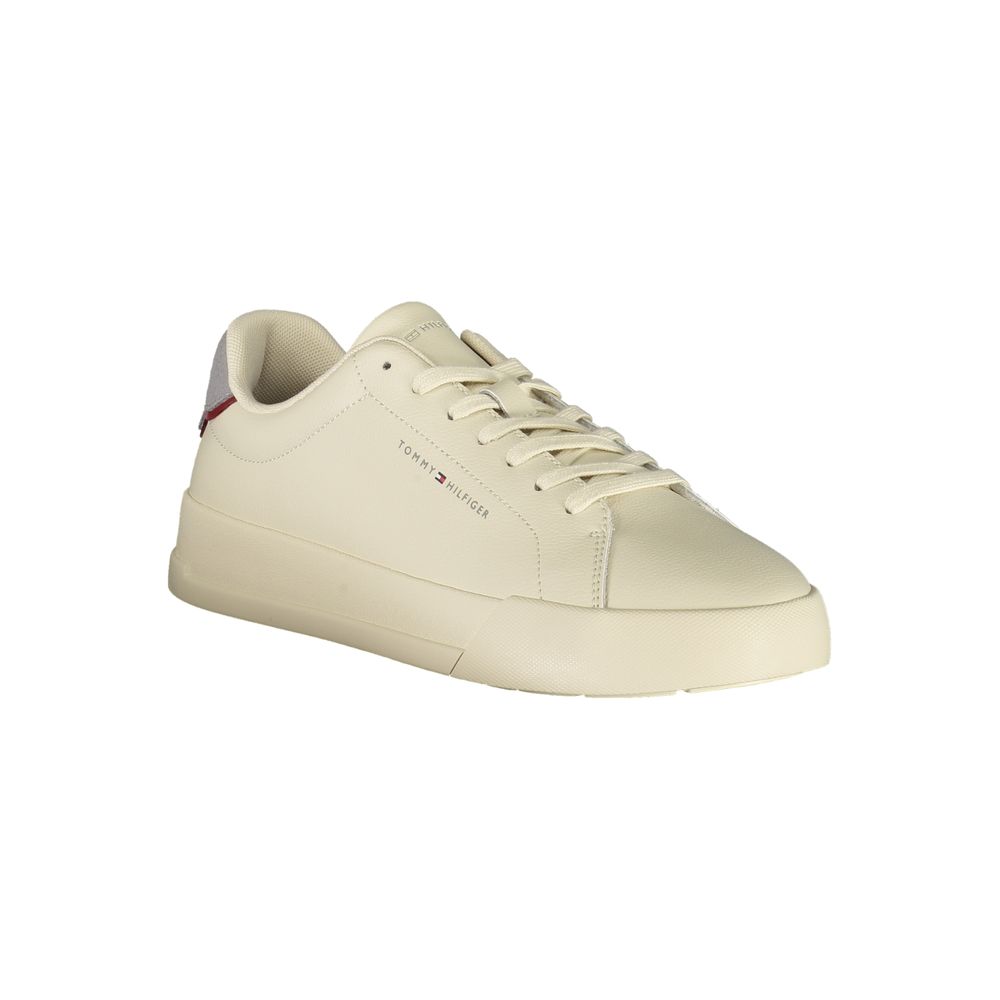 Tommy Hilfiger Beige Leather Men Sneaker with grey accents and logo