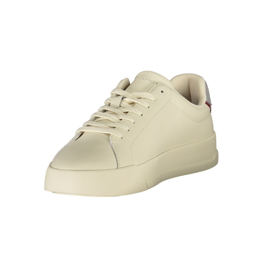 Tommy Hilfiger Beige Leather Men Sneaker with sleek design and grey accents for modern style.