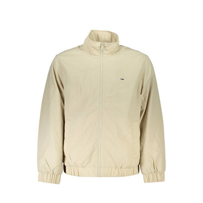 Tommy Hilfiger Beige Polyamide Men Jacket with elastic waist, cuffs, and eco-friendly recycled nylon material, featuring three pockets.