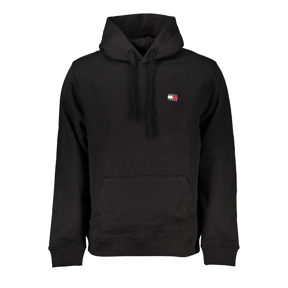 Tommy Hilfiger Black Cotton Men Sweater with Hood, featuring cozy fleece, single front pocket, and iconic logo detailing for stylish comfort.
