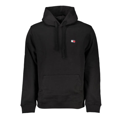 Tommy Hilfiger Black Cotton Men Sweater with Hood, featuring cozy fleece, single front pocket, and iconic logo detailing for stylish comfort.