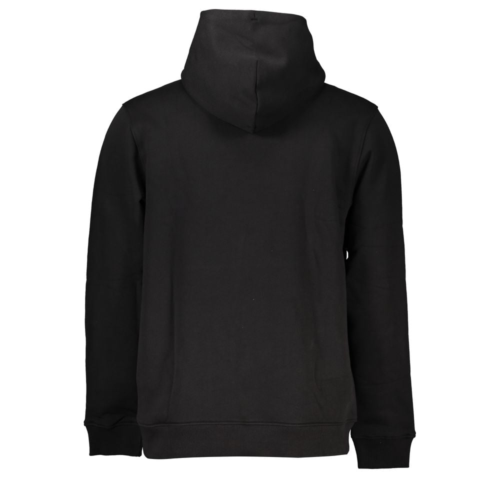 Tommy Hilfiger Black Cotton Men Sweater with Hood featuring plush fleece material and central front pocket.