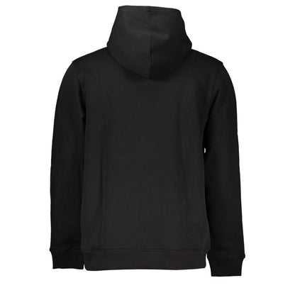Tommy Hilfiger Black Cotton Men Sweater with Hood featuring plush fleece material and central front pocket.