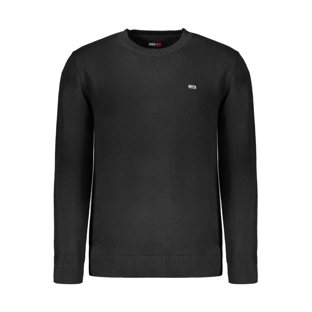 Tommy Hilfiger Black Cotton Sweater with long sleeves, crew neck, and logo detail made from 95% organic cotton.