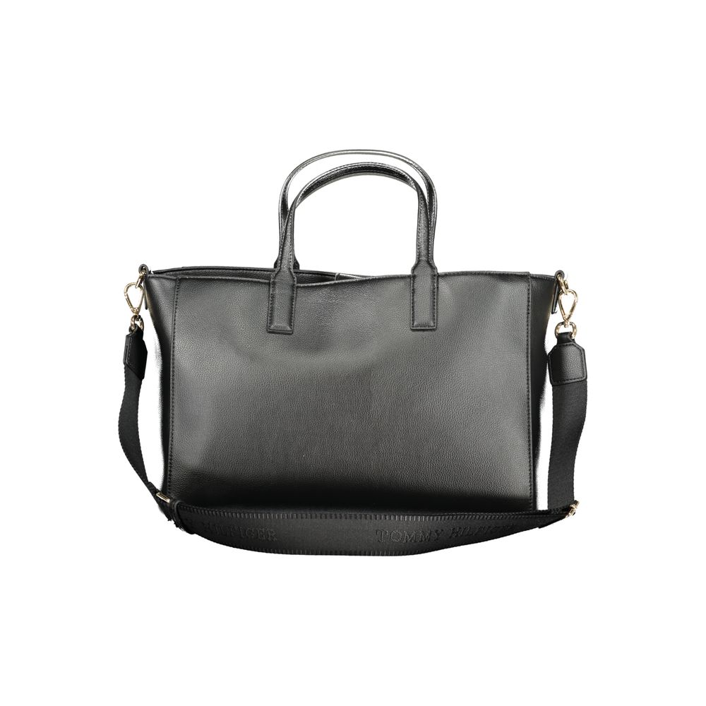 Tommy Hilfiger Black Polyester Women Handbag with two handles and removable shoulder strap, crafted from recycled polyester.
