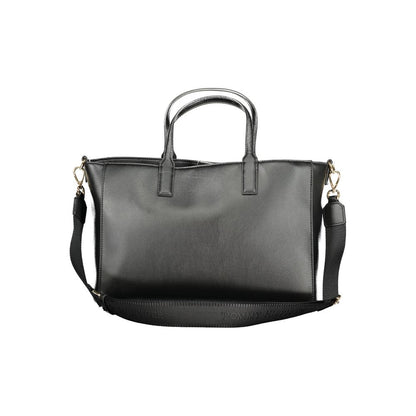 Tommy Hilfiger Black Polyester Women Handbag with two handles and removable shoulder strap, crafted from recycled polyester.