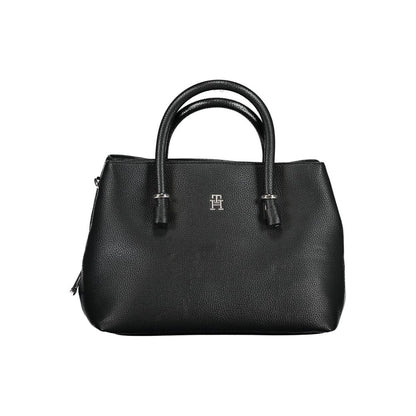 Alt Tag: Tommy Hilfiger Black Polyethylene Handbag with handles, detachable strap, and logo.
