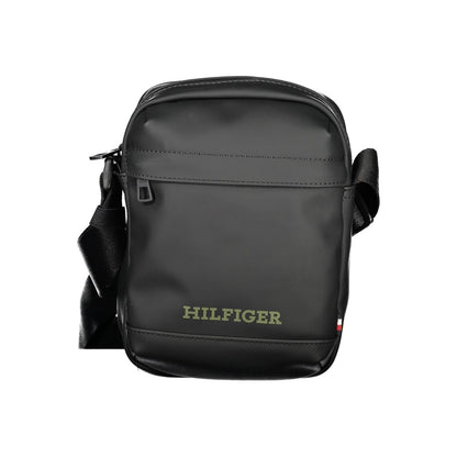 Tommy Hilfiger Black Polyethylene Shoulder Bag with adjustable strap, external pocket, internal pocket, and zip closure logo design.