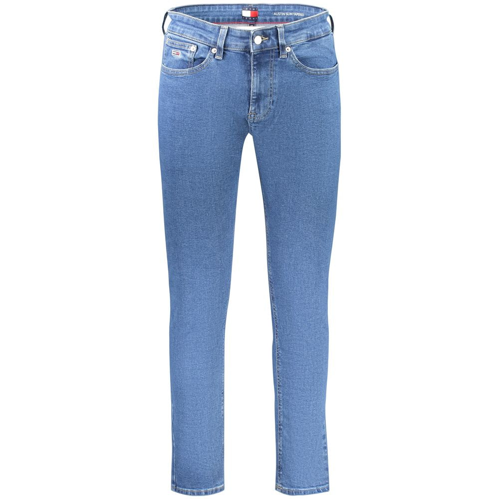 Tommy Hilfiger Blue Cotton Men Slim Tapered Jean, modern denim pants with iconic logo detailing, comfortable fit for fashion-forward style.
