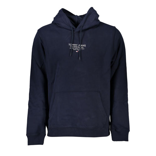 Tommy Hilfiger Blue Cotton Men Sweater with Hood featuring long sleeves, central pocket, and iconic logo print.