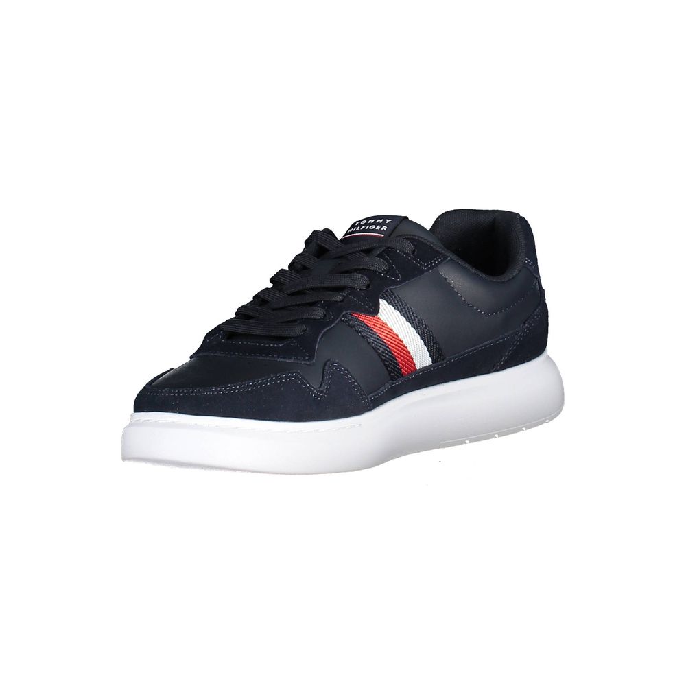 Tommy Hilfiger Blue Leather Men Sneaker with iconic logo and sleek design, featuring white sole and contrasting stripe detail.