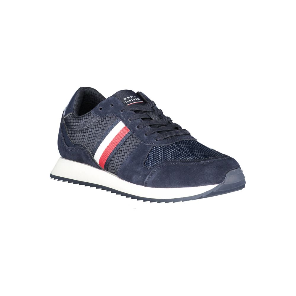 Tommy Hilfiger Blue Polyester Men Sneaker with contrasting details and logo, eco-conscious footwear.