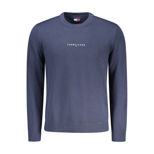 Alt Tag: Tommy Hilfiger Blue Polyester Men Sweater with embroidered logo and crew neck, crafted from eco-friendly materials for sustainable style.