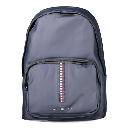 Tommy Hilfiger Blue Polyethylene Backpack with logo, adjustable shoulder straps, external pocket, zip closure, and laptop compartment.