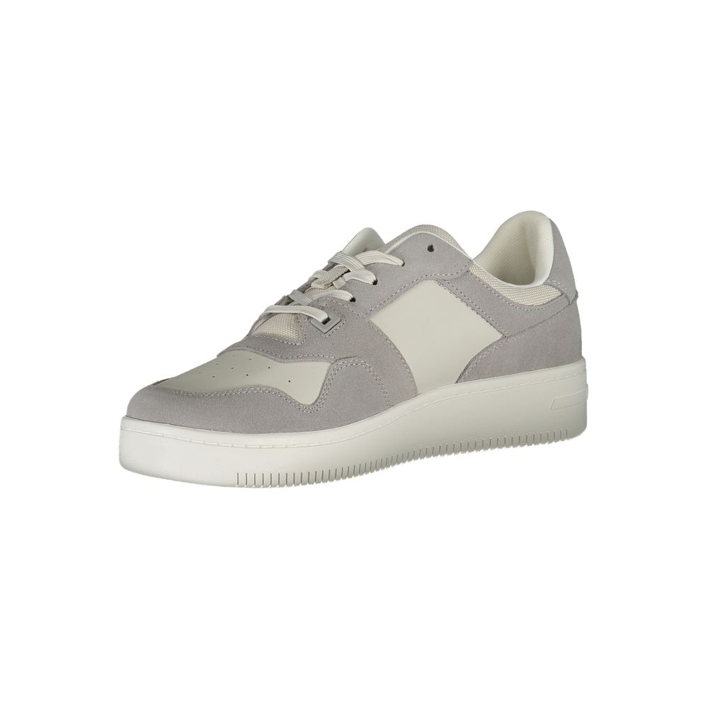 Tommy Hilfiger Gray Polyester Sneaker with laces, contrast details, and logo prints for sports.
